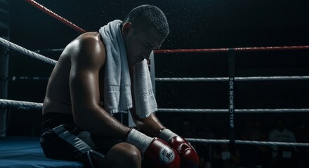 A boxer sitting on the edge of the ring, head down, breathing heavily, with a towel over shoulders. Dimly lit environment, visible sweat, dramatic mood