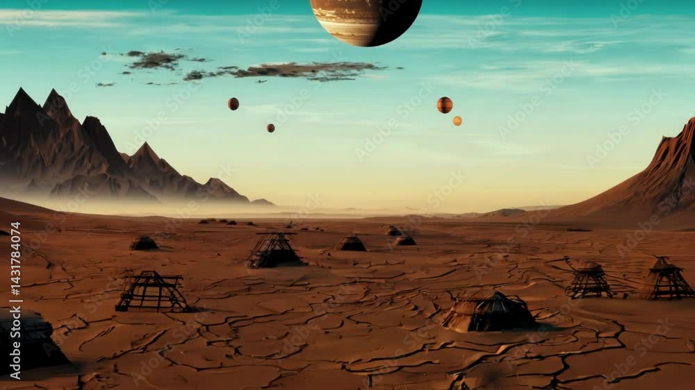 Poster retro-futuristic alien landscape featuring a distant planet and moons above a barren terrain with ro