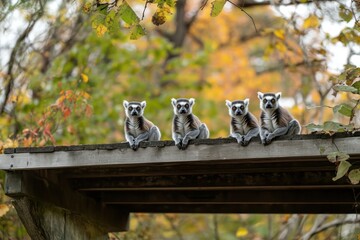 Naklejka premium Ringtailed Lemurs on Autumn Roof.
