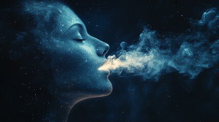 Fototapeta premium Cosmic breath woman exhaling stars, cosmic breath woman exhaling stars in surreal concept art. Woman exhaling smoke in a dark environment.