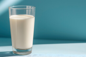 Glass of milk casting a shadow on a light blue surface