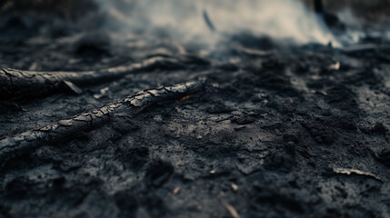 Burnt ground with smoke after a wildfire