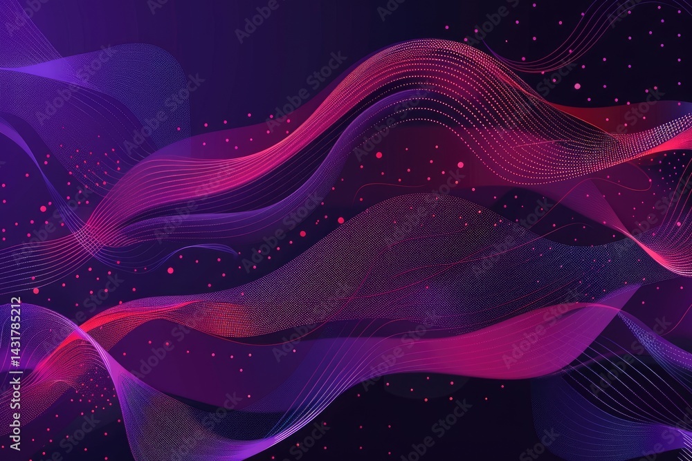 Poster purple and pink wavy lines with dots on a dark background. background of 3d rendering wave with vibr