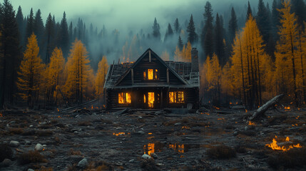 Burning cabin in a forest at twilight
