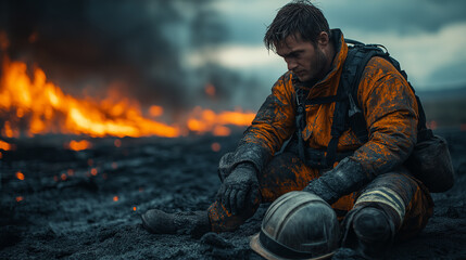Firefighter resting after a fire scene