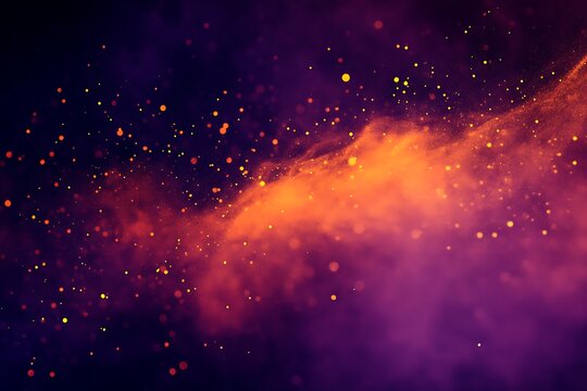 Abstract purple and orange smoke with glowing particles in a cosmic space background