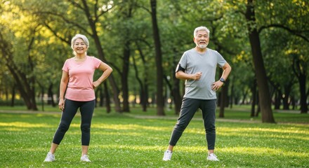 Naklejka premium A smiling senior couple doing light stretching or walking briskly in a green city park, dressed in comfortable activewear. Morning light with natural colors and a healthy, joyful vibe. 
