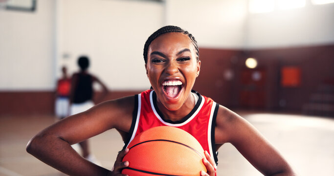 Basketball, athlete or happy woman screaming for victory, sports fitness or confidence in portrait or competition. Girl, excited and African player with smile for contest, workout and exercise at gym