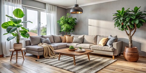 Fototapeta premium Modern Minimalist Living Room Interior Design: Cozy Sectional Sofa, Natural Wood, Fiddle Leaf Fig