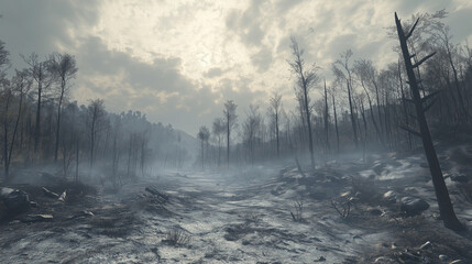 Foggy forest landscape with bare trees
