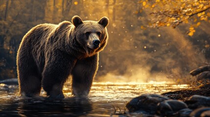 A majestic bear stands in a serene river, surrounded by a tranquil forest during autumn.