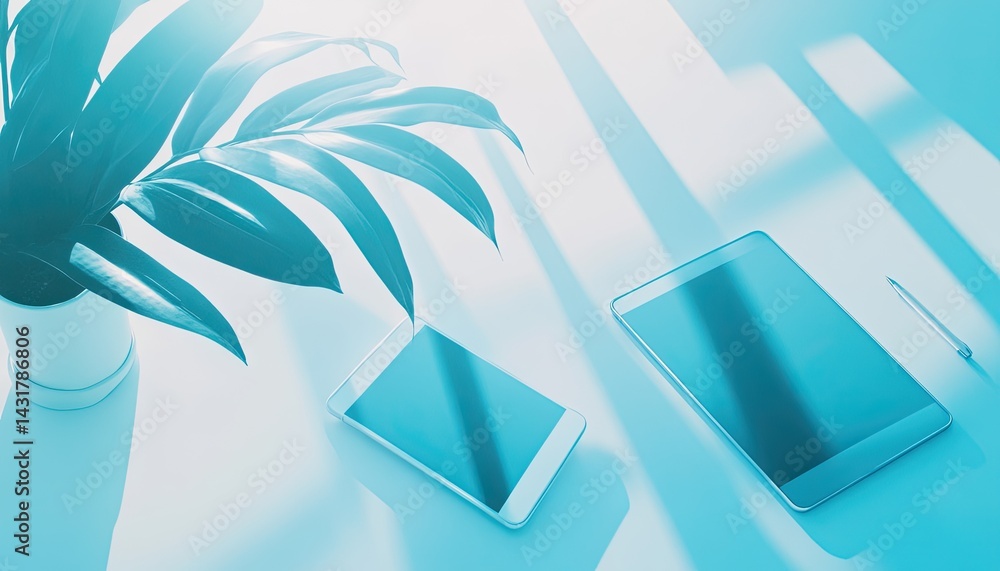 Poster overhead shot of a generic workspace with a generic smartphone tablet and plant in cyan lighting.