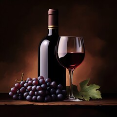 Obraz premium Luxurious red wine bottle with grapes and elegant wine glass on table