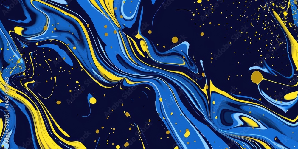 Aufkleber abstract fluid shapes in blue and yellow with confetti. digital 3d rendering art of yellow and blue 