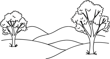 Minimalist Outlined Trees On Rolling Hills Landscape Vector Illustration Artwork