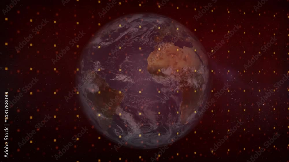 Poster planet earth floating in dark space, revealing cloud patterns and glowing data particles