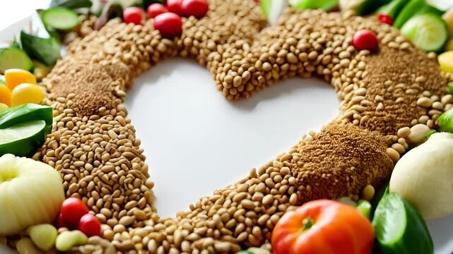 A detailed arrangement of vegetables, nuts, and seeds meticulously placed in the shape of a heart. 