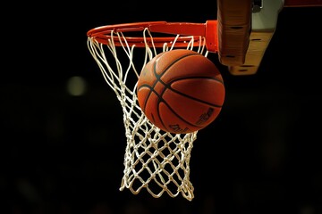 Fototapeta premium Basketball falling into hoop net mid-shot