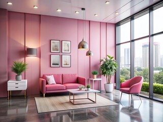 Fototapeta premium Modern Small Luxury Office Lobby with Rose Pink Furniture & Large Window