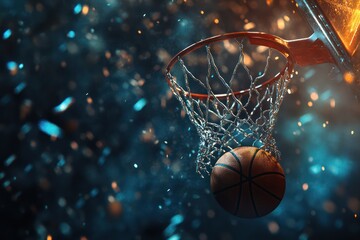 Fototapeta premium Basketball falling into hoop net mid-shot