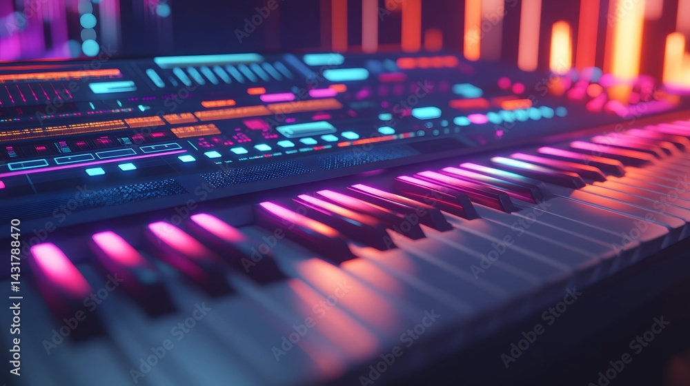 Poster close-up of a futuristic keyboard illuminated with vibrant pink and blue neon lights. the synth feat