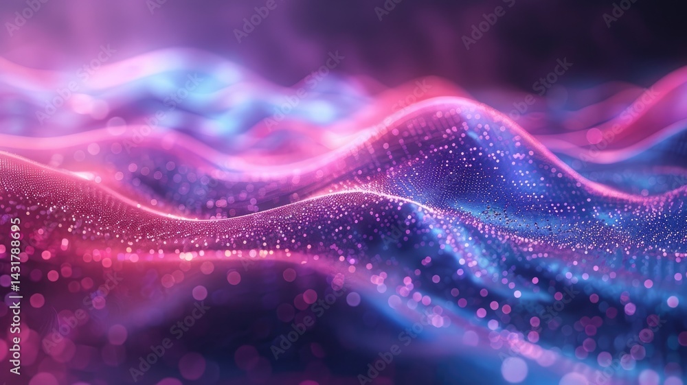 Poster abstract digital waves with pink and blue glowing particles. digital artwork of digital wave connect