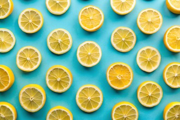 Summer food pattern made with yellow lemon slice on bright light blue background.