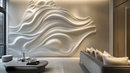 Modern white wave wall art in luxury lounge
