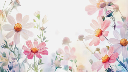 Fototapeta premium Elegant wedding invitation card background . Minimal hand painted watercolor Chamomile flowers texture template background. Design for wedding, vip cover, poster, rsvp moderncard.Valentine's Day