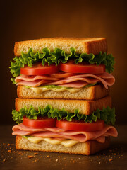 Delicious Ham and Cheese Sandwich with Lettuce and Tomato on Toasted Bread – Layered Club Sandwich, Fresh Snack, Perfect for Food Stock, Menu Design, Advertisement, Blog or Cafe Branding