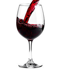 Rich red wine poured, swirling in glass against  isolated on transparent background. drink photography.