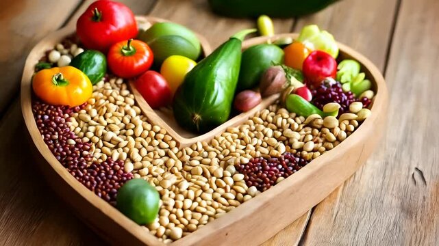 A detailed arrangement of vegetables, nuts, and seeds meticulously placed in the shape of a heart. 