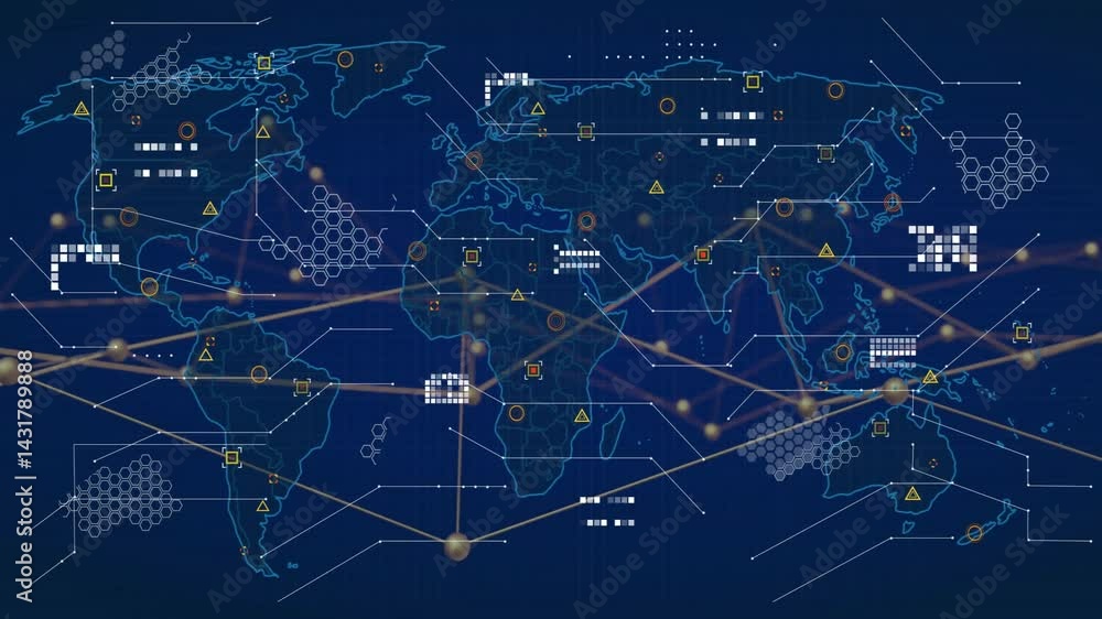 Poster digital world map showing network connectivity overlays featuring hex grid clusters and glowing no
