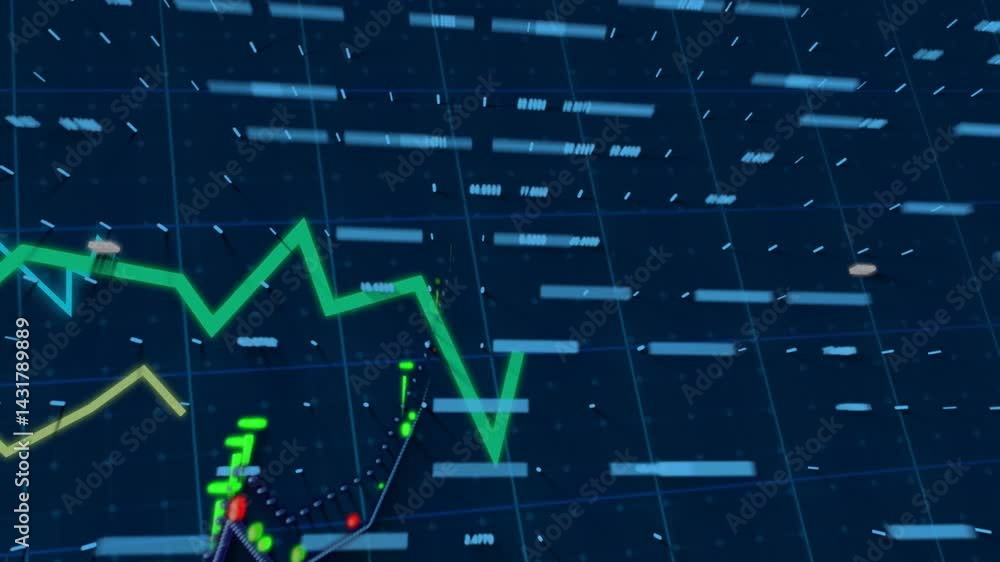 Poster Financial data visualization showing dark UI animation with neon line graphs and candlesticks