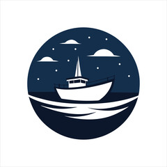  Night Boat Silhouette on Quiet Ocean Retro Style