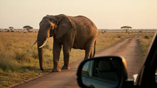 Elephant blocks road while standing on a path from safari vehicle