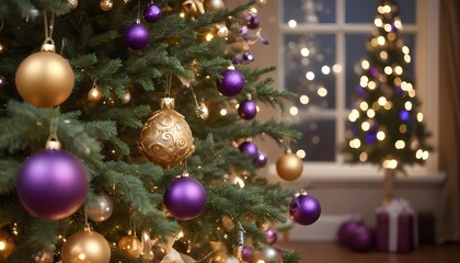 Close-up of Christmas Tree Ornaments and Lights