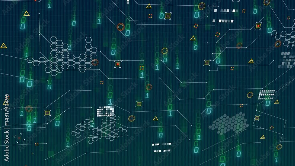 Aufkleber network interface showing cascading binary digits and scattered geometric nodes on teal stripes