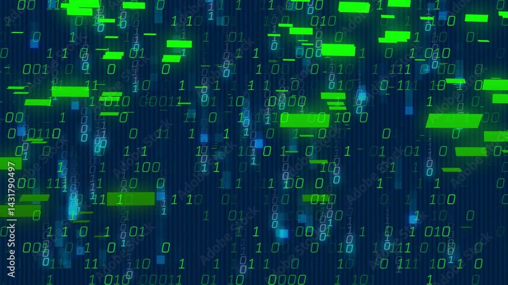 Poster abstract neon green binary code streaming across scene, floating data blocks and glowing squares