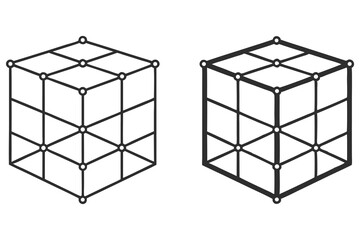 Two Geometric Black Cubes on White Wireframe Structures with Circular Nodes