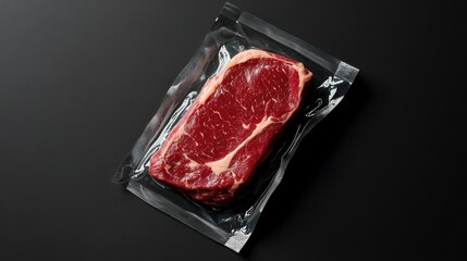 High resulation image of raw Striploin marbled beef steak vacuum Packed isolated on black, logo mockup.