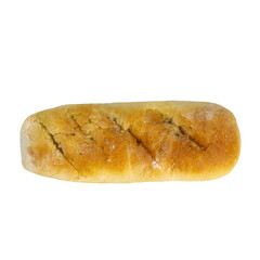 Soft garlic baguette loaf isolated on white background. Freshly baked garlic bread with golden crust and cuts.