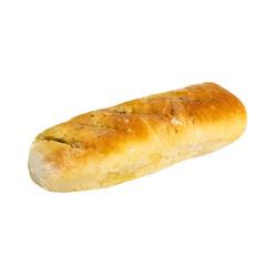 Soft garlic baguette loaf isolated on white background. Freshly baked garlic bread with golden crust and cuts.