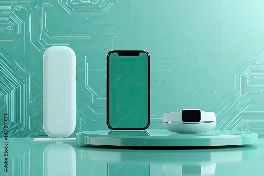 Aufkleber digital devices including a smartphone a smartwatch and a white device displayed on a teal platform 