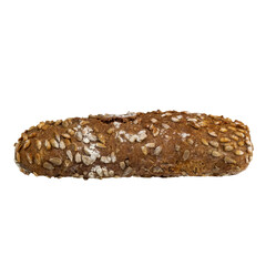 Multigrain dark bread loaf with seeds isolated on white background. Crunchy and healthy artisan
