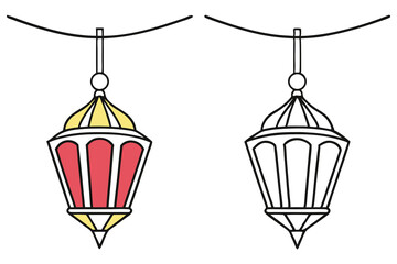Hanging Ramadan Lanterns Vector, Colored and Black Line Art on White Background