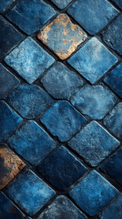 Dark blue 3D vintage lozenge motif tiles form a worn, marbled cement wall. The repeating diamond pattern evokes resilience, timeless elegance, and old-world craftsmanship.

