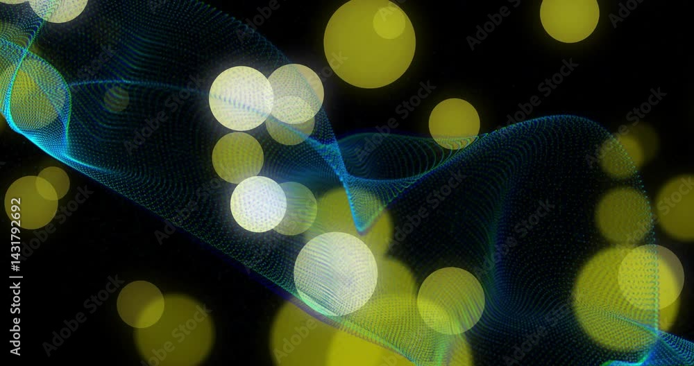 Poster flowing blue green dotted mesh wave sliding through black void showing floating yellow bokeh lights