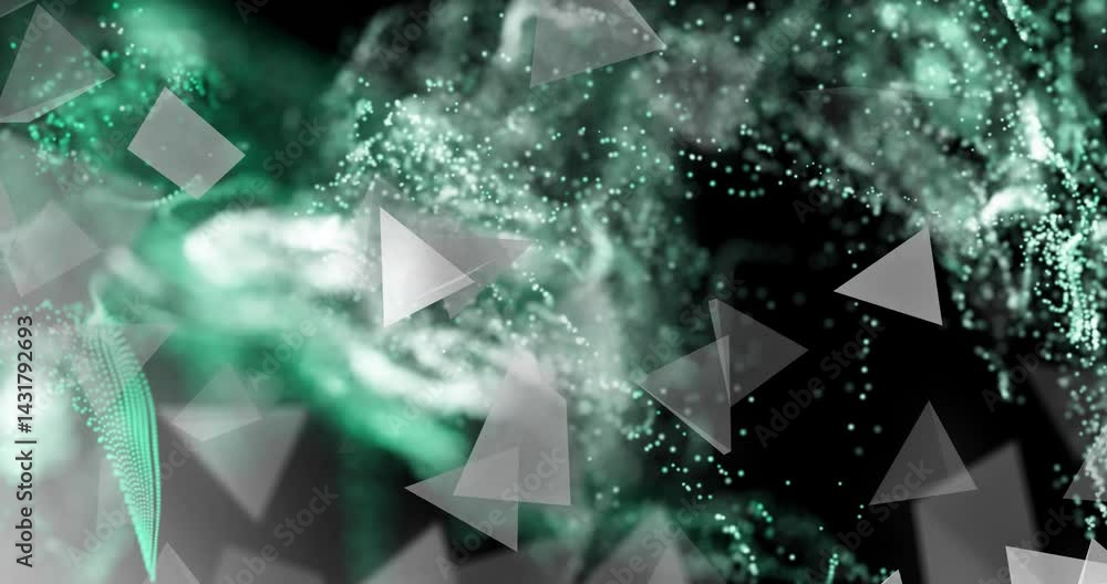 Poster abstract particle clouds swirling in 3d render space, with translucent triangles and dot matrices
