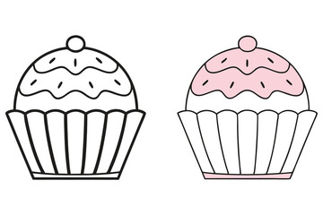 Two Cupcakes with Sprinkles, Black Outline and Pink Frosted, Isolated on White